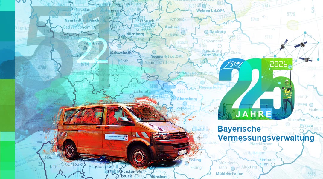 Graphische Darstellung; Karte der Ämter in Bayern, Logo 225 Jahre Bayerische Vermessungsverwaltung